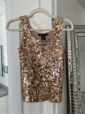 52 Weekends Tan Knit Tank with Iridescent Gold Sequins